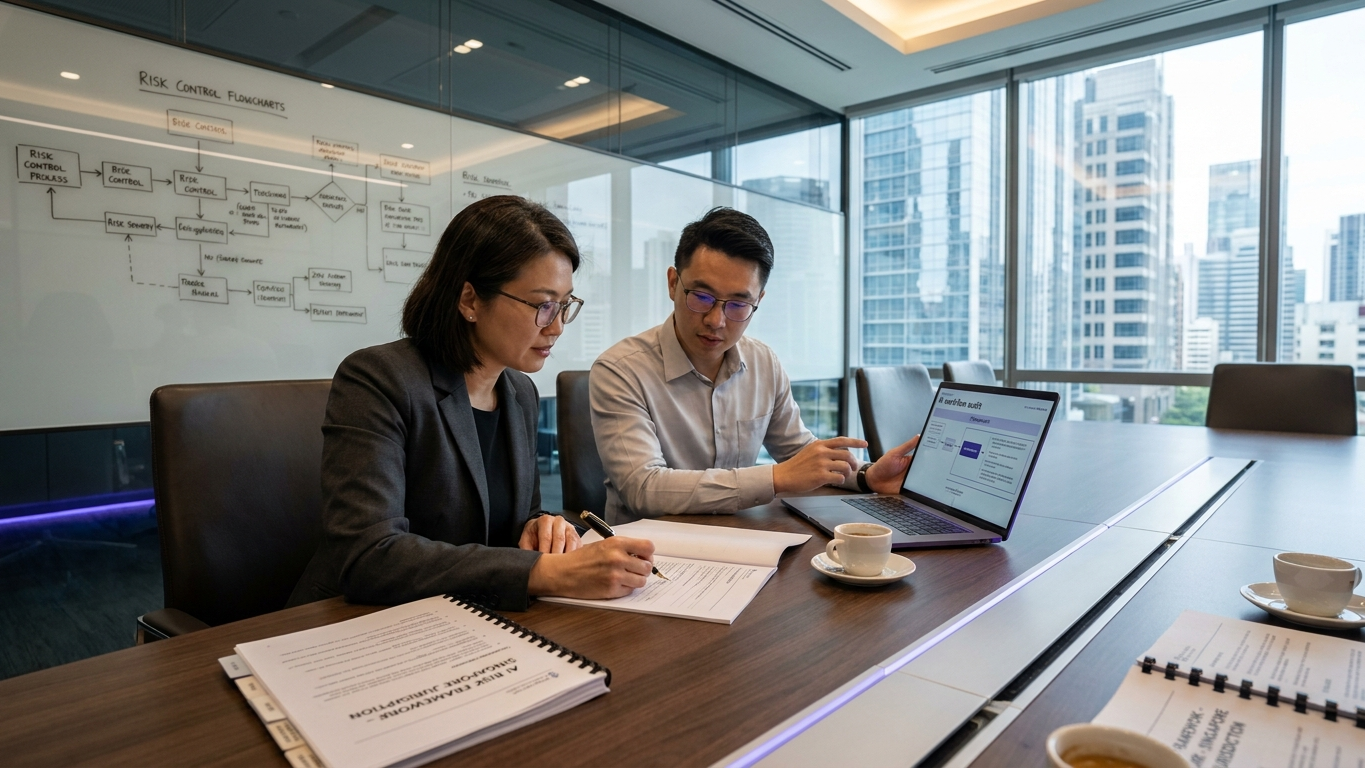 Legal professionals collaborating on risk compliance dashboards