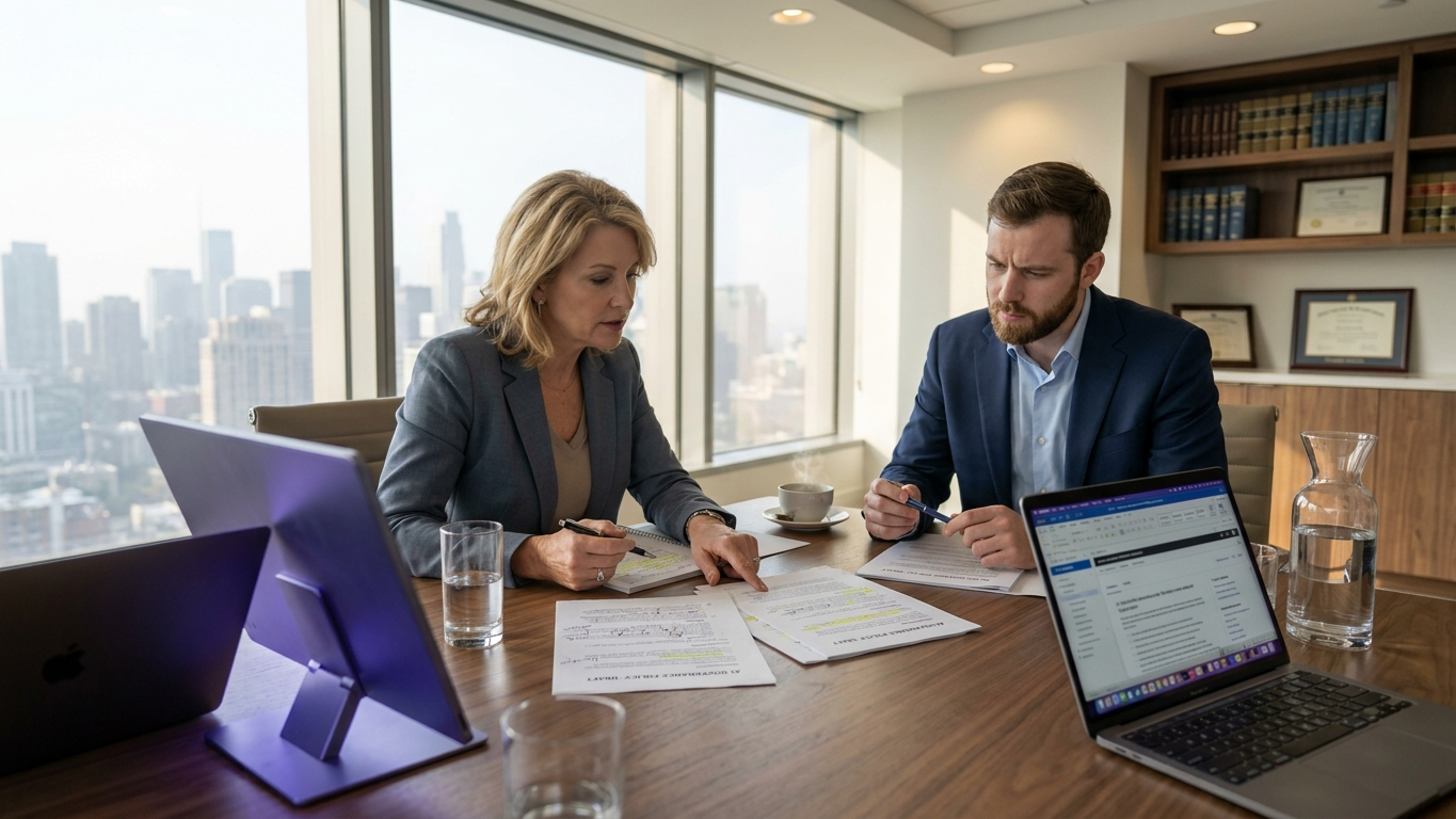 Legal professional reviewing AI governance framework