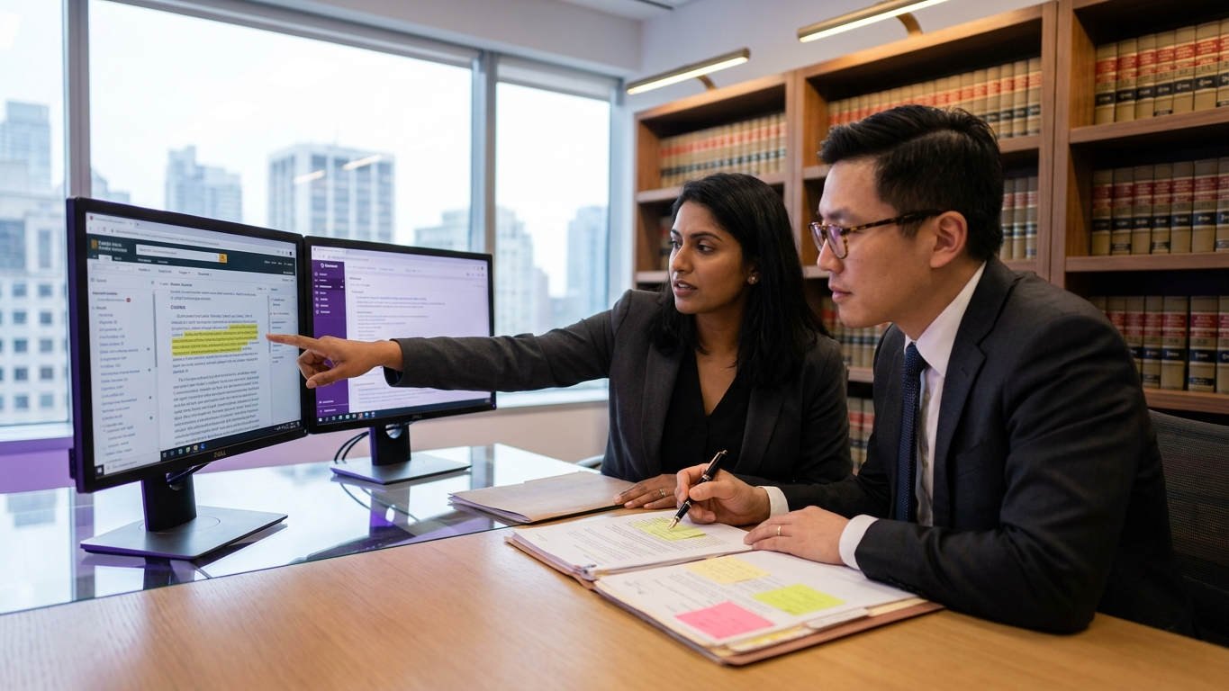 Lawyer reviewing verified legal documents on a digital tablet in a modern office