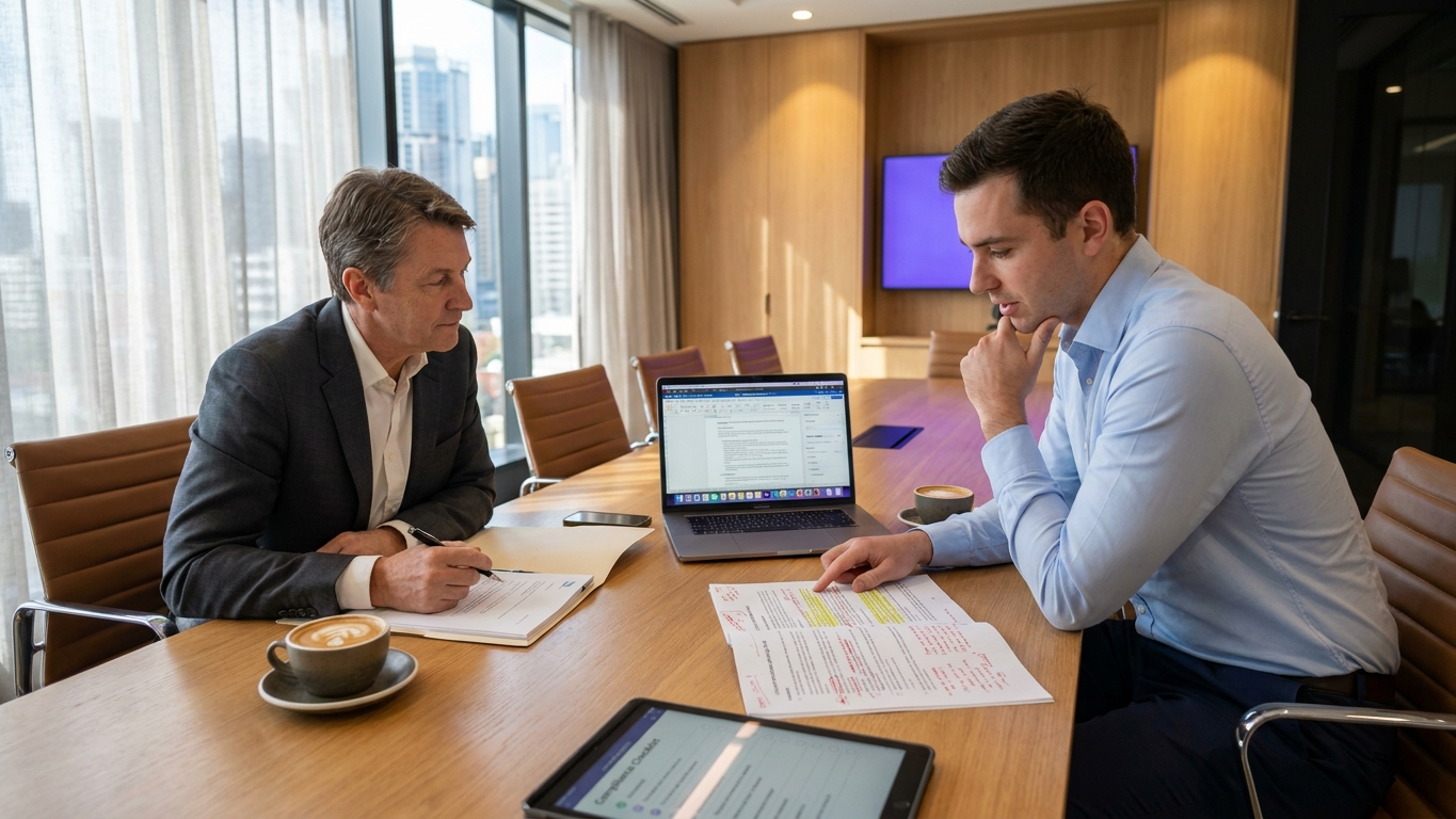 Legal professionals analyzing data privacy compliance and AI audit trails in a conference room