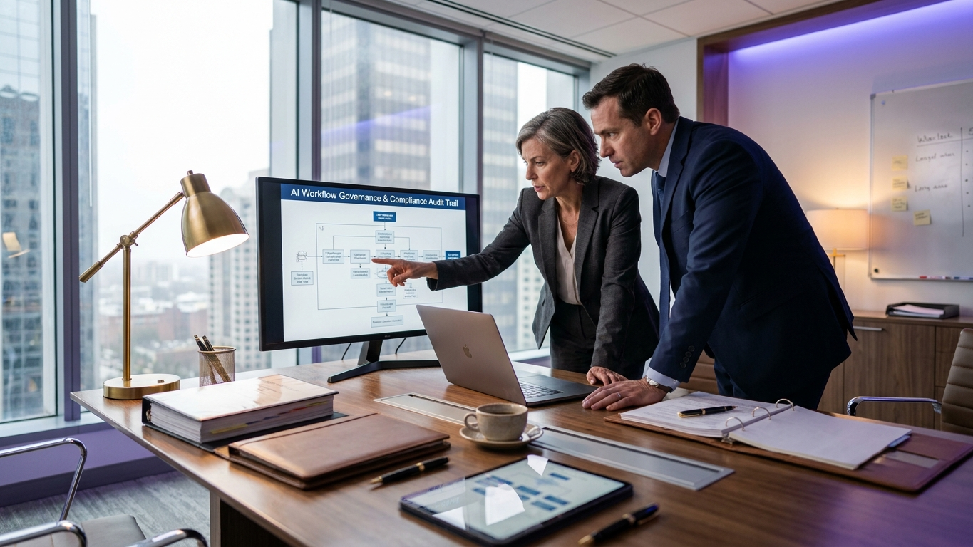 Law firm professionals reviewing automated legal workflows on digital displays