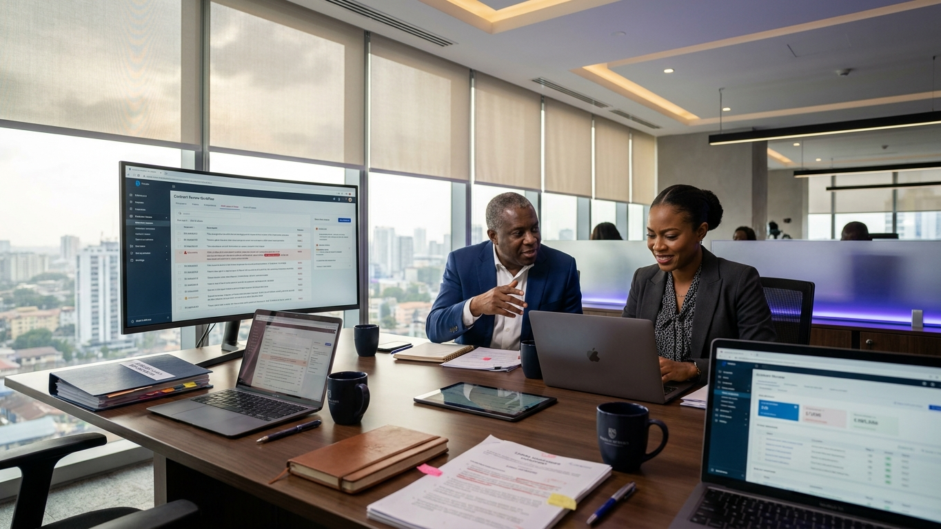 Legal practitioner analyzing contract risk analysis data and workflow dashboards on a tablet screen