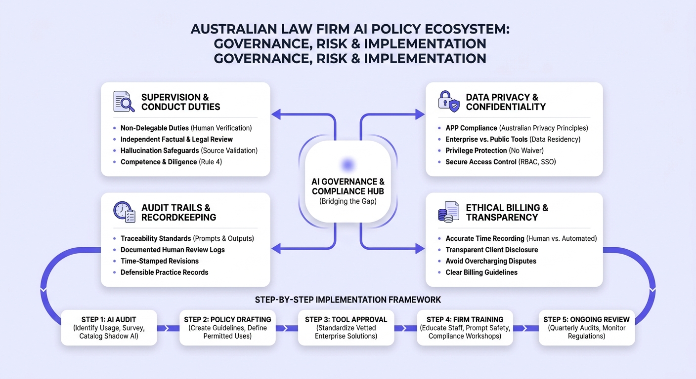 Infographic: Key Pillars of Law Firm AI Policy, Governance, Supervision, and Risk Management