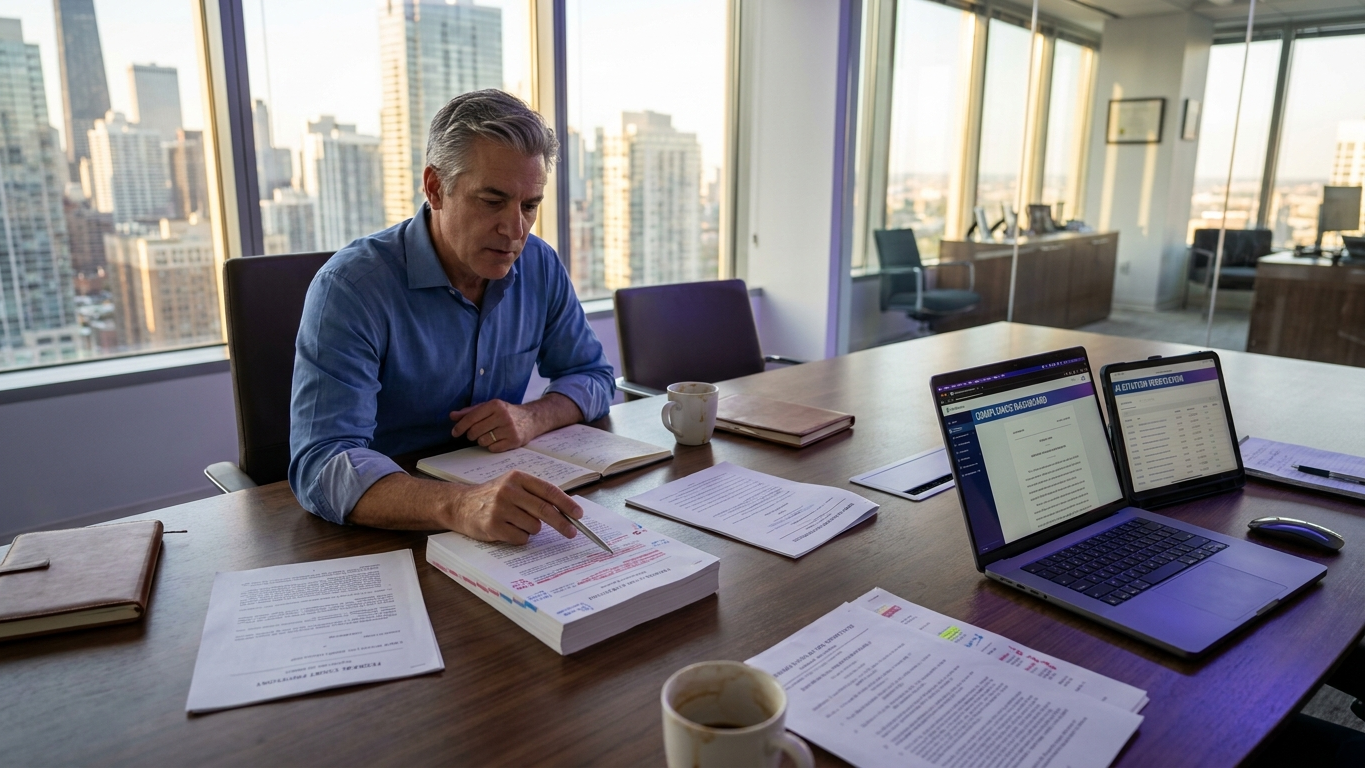 Lawyers collaborating in a modern conference room discussing risk governance policies