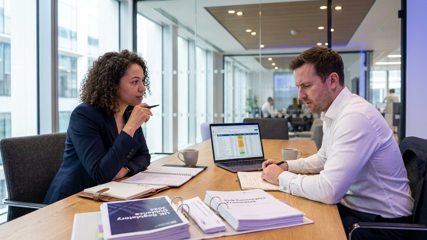 Legal compliance officer conducting an audit of AI tools and data privacy registers on a laptop in an office