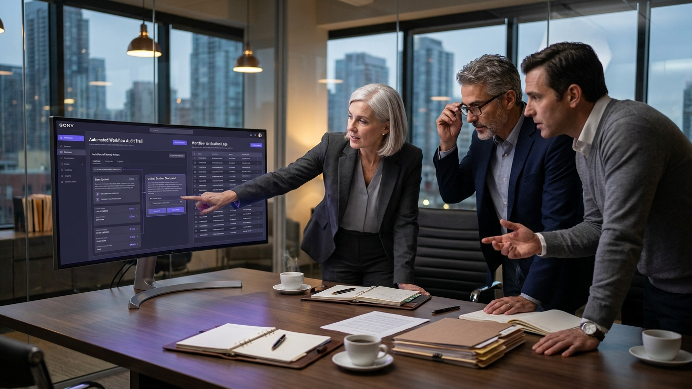 Legal team analyzing compliance checklists and technology workflows