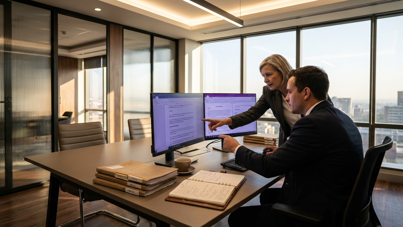 Legal team reviewing automated drafting and research workflows
